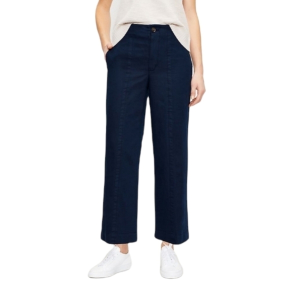 LOFT Seamed Twill Wide Leg Crop Pants Cotton Linen Navy Blue, Size 2 - Picture 1 of 16